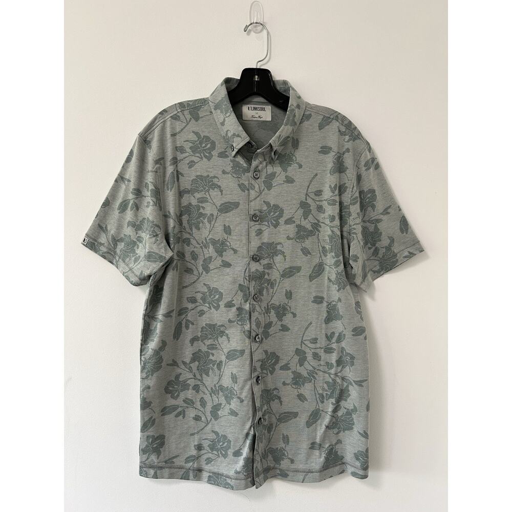 Linksoul Tempus Fugit Button Down Shirt Men M Green Floral Organic Cotton